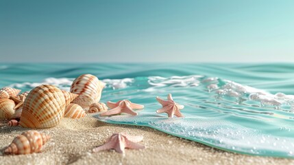Obraz premium Serene beach scene featuring beautiful seashells scattered along the shore with gentle waves lapping at the sand.