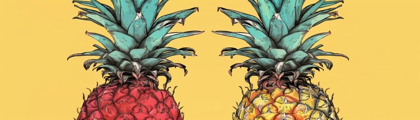 Obraz premium Vibrant illustration of two pineapples on a sunny yellow background, perfect for tropical themes and summer designs.