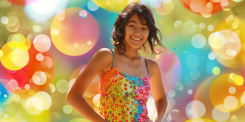 Bubbly Personality: A bubbly teen wearing a colorful sundress, her hands on her hips, her smile infectious.