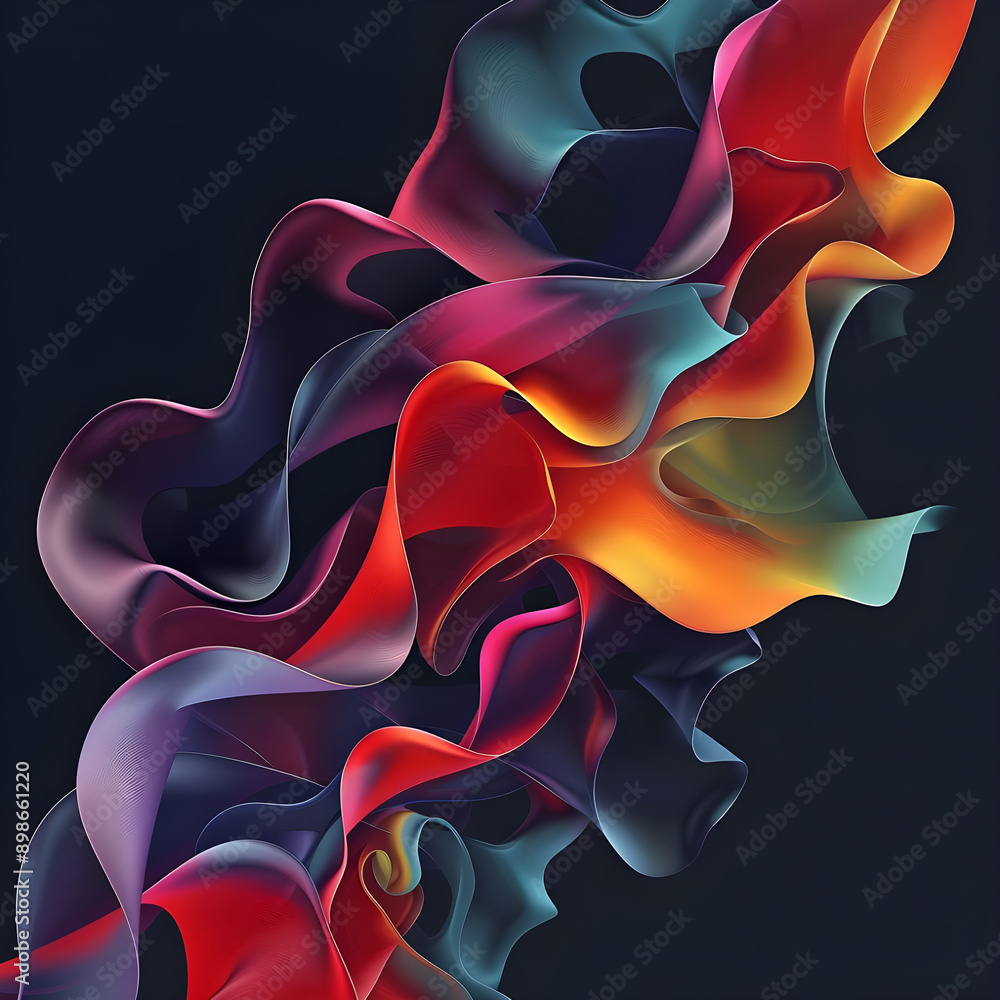 Poster Dynamic and vibrant flowing abstract ribbon art with bold colors and fluid shapes on a dark background, creating a striking visual effect.