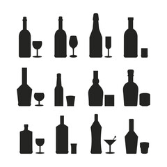 Alcoholic drinks set silhouette monochrome with assortment of bottles and glasses for serving alcohol-containing beverage in bar vector illustration