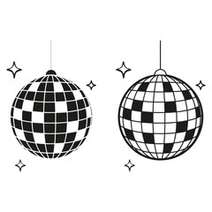 Mirror disco ball with glitters. Discoball for music party. Shining nightclub sphere. Mirrorball in discotheque style. Nightlife symbol. Black and white vector illustration isolated on white backgroun
