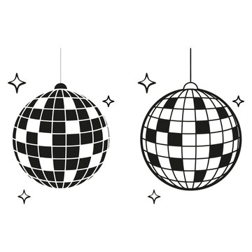 Mirror disco ball with glitters. Discoball for music party. Shining nightclub sphere. Mirrorball in discotheque style. Nightlife symbol. Black and white vector illustration isolated on white backgroun