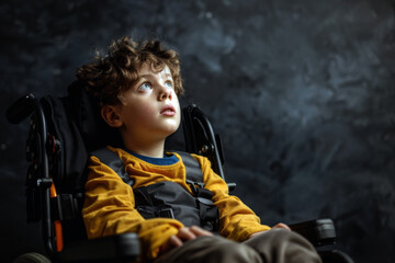 Disabled child with spina bifida. Boy in wheelchair on dark background. Spina Bifida Awareness Month. Treatment and inclusion of sick children into society. Neural Tube Defect, birth defect