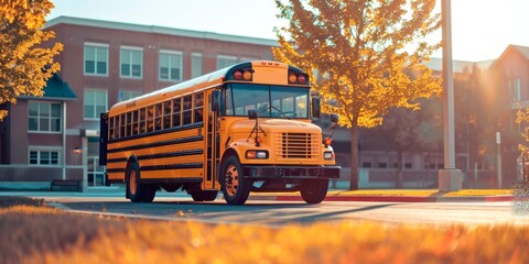 Obraz premium American yellow school bus in front of an elementary school building on a sunny day. American style architecture , copy space for text