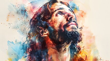 This artistic watercolor portrait features a contemplative man with long hair and a beard, gazing upward in a vibrant explosion of colors. 