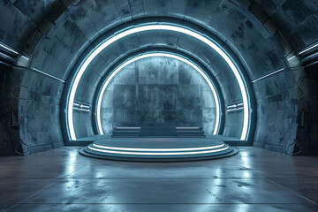 A futuristic empty podium suitable for presentations and events. The minimalistic and clean design provides a hi-tech and modern atmosphere, perfect for showcasing innovation and technology.