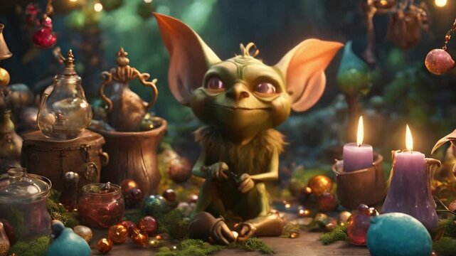 A whimsical, 8K still of a mischievous goblin surrounded by enchanted objects