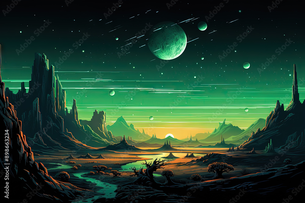 Poster alien planet landscape with mountains and moon over horizon in retro style