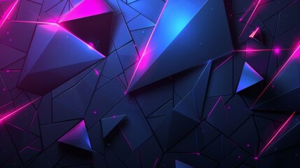 Futuristic abstract background with glowing neon lights illuminating a dark surface made of triangles