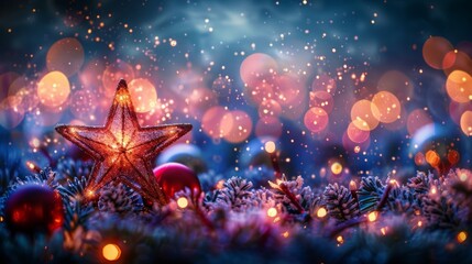Glimmering Festive Ambiance: Defocused Christmas Light Background with Blurred Bokeh and Blinking Stars