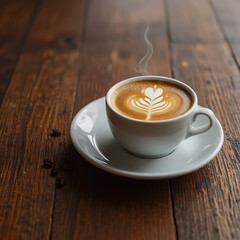 There is a white coffee cup sitting on a wooden table