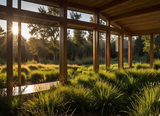 Fototapeta premium Vibrant eco-friendly home of lush grass in sunlit meadow, radiating warmth and serenity, evoking sustainable living.