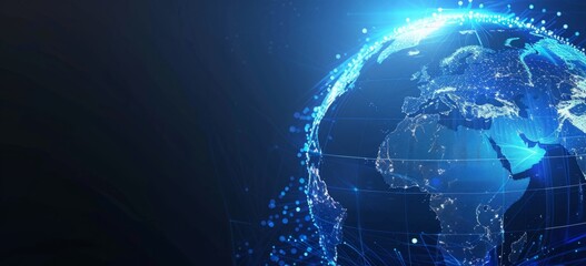 Digital Odyssey: Blue Holographic Globe with World Map and Glowing Data Streams Signifying AI Global Networks and Geospatial Insights
