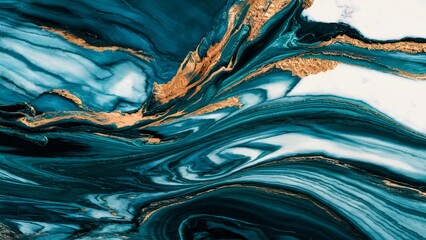 Turquoise and Gold Marble Abstract. A fluid art piece featuring turquoise and gold swirls, resembling marble patterns, perfect for modern art enthusiasts