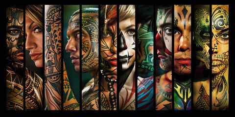 Tribal Tattoo Tapestry: A collage of colorful tribal tattoos adorning various parts of a woman's body, on display at a tattoo parlor.
