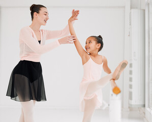 Fototapeta premium Stretching, teacher and kid in ballet class for learning, sports and development for art. Happy, woman and girl child in dance studio for lesson, wellness or practice for talent show and performance