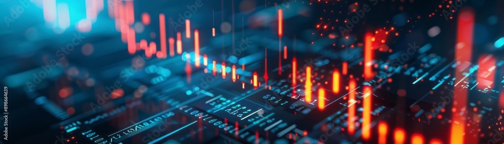Poster abstract digital data visualization with red and blue lines on a circuit board background