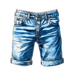 Stylish blue denim jean shorts isolated on transparency PNG background, rolled up at the cuffs, ready for a casual summer look.