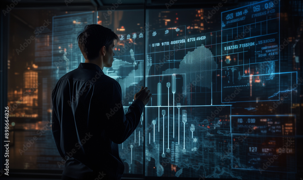 Poster big data analytics with ai technology. data analyst analyzing and visualizing complex information