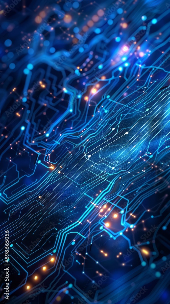 Poster abstract blue circuit board with glowing lines and points
