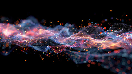 A vibrant digital rendering featuring dynamic, flowing abstract lights in various colors, giving a sensation of energy and motion in the scene.