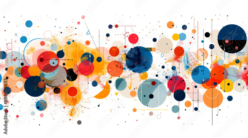 Poster dynamic artwork featuring an explosion of multicolored circles and abstract shapes on a white backgr