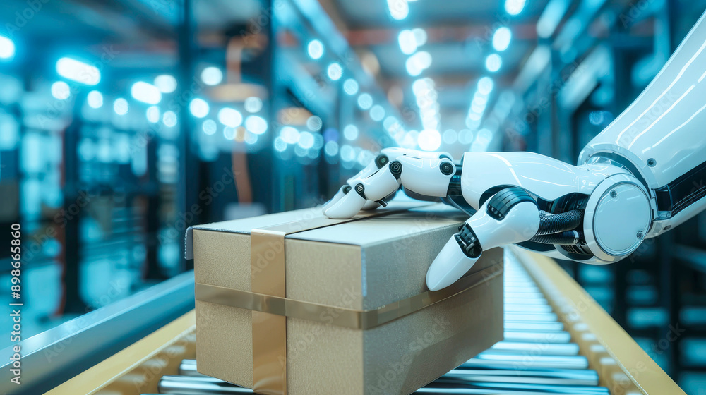 Aufkleber a robot efficiently handling a package on a conveyor belt in a modern factory, illustrating automati