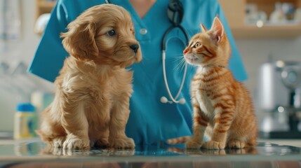 The kitten and puppy at vet