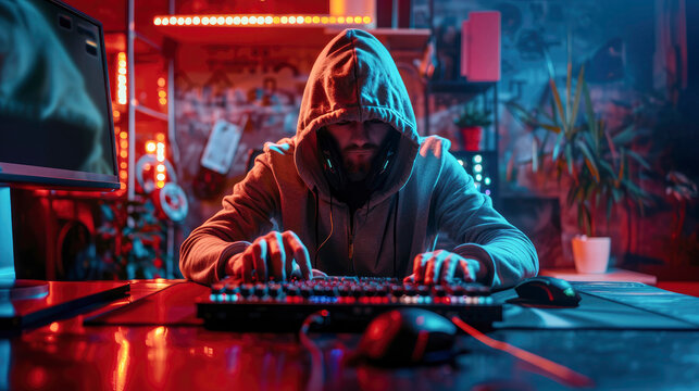 A hacker, hooded and typing on a keyboard in a dimly lit, high-tech room, symbolizing cybersecurity threats and the intensity of digital environments.