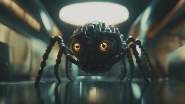 Futuristic spider microscopic walking robot. Microrobotics, robotics, nanotechnology concepts. Sci-fi cinematic movie footage. 
