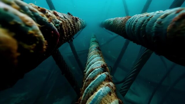 Close-up of submerged industrial cables with marine growth in clear water. 4k Slow motion video.
