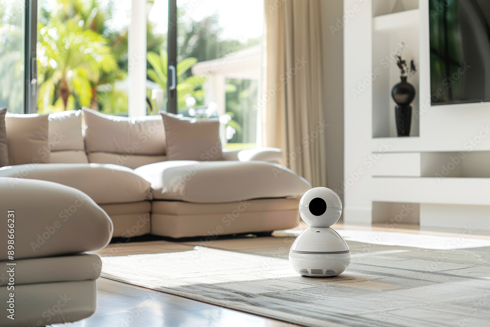 Aufkleber a sleek and modern robotic assistant in a bright and spacious room with sunlight streaming through l