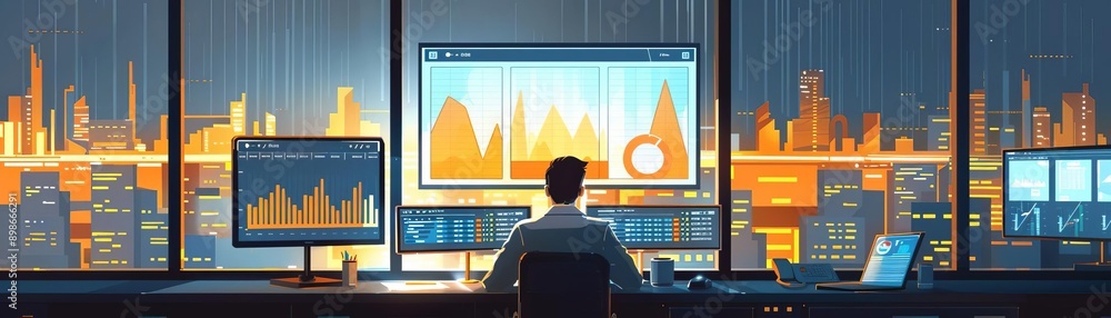 Poster flat design of a satisfied officer reviewing financial reports, with graphs and charts displayed on 