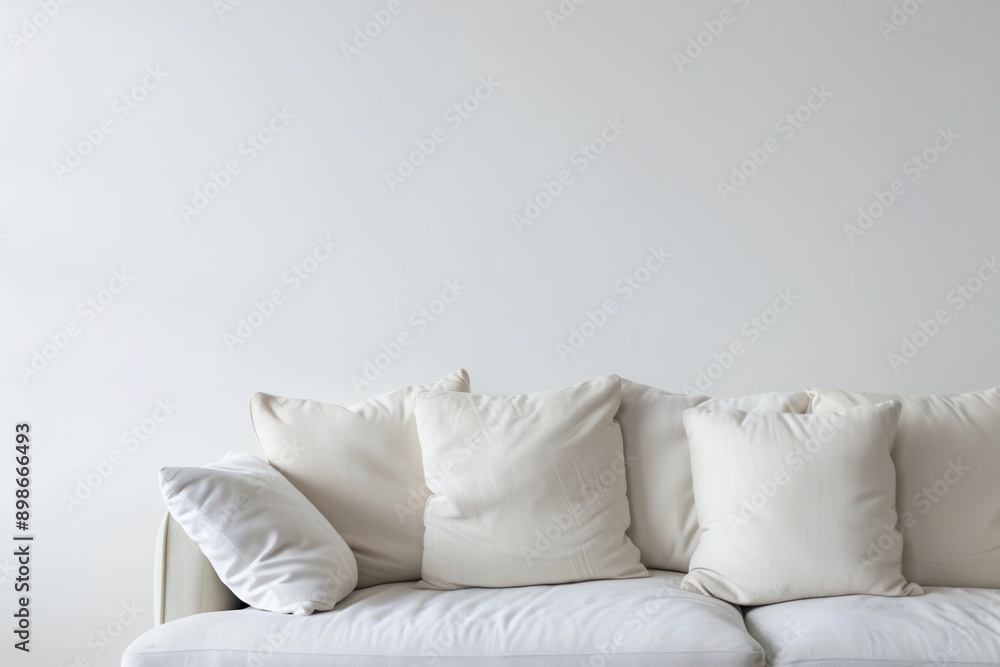 Poster A white sofa with multiple pillows sits against a white wall. The sofa and pillows are all white, creating a clean and minimalist aesthetic. Generative AI