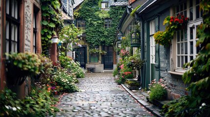 Fototapeta premium A picturesque, charming cobblestone street surrounded by lush green plants and quaint old houses, evoking a sense of nostalgia and calm.