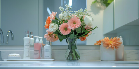 A pristine bathroom counter, adorned with a bouquet of fresh flowers in a clear glass vase and a set of sleek, coordinating toiletries.