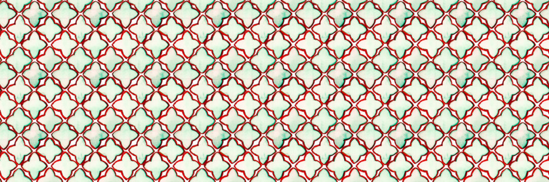 Marrakesh Pattern. Morrocan Majolica Design. Geometric Turkish Quatrefoil. Vintage Arabesque. Moorish Trellis. Arabic Seamless Background. Teal Green and Pink Red Eastern Ogee Lattice. Damask Tile.