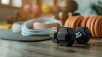 Close-up of gym equipment including dumbbells, resistance bands, and foam rollers on a wooden floor in a modern fitness studio.