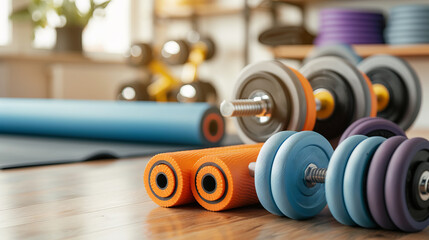 Colorful dumbbells, yoga mats, and exercise equipment on a wooden floor in a bright home gym setting.