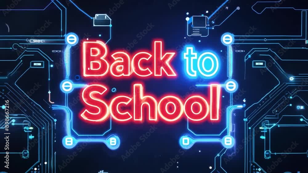 Poster red and blue neon text on a dark background with digital circuit board patterns.