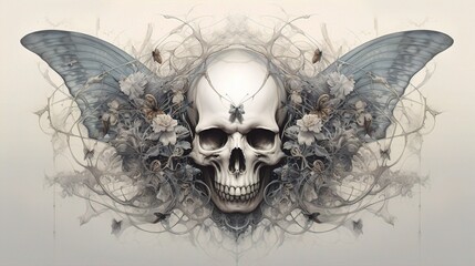 An ethereal drawing of a skull surrounded by delicate butterfly wings, blending macabre and beauty in a dream-like composition.