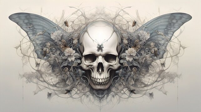 An ethereal drawing of a skull surrounded by delicate butterfly wings, blending macabre and beauty in a dream-like composition.