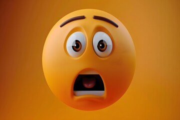 Close-up of shocked surprised emoji face, wide eyes open mouth, orange background