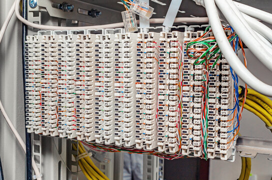 Telecommunication tag block rack in main distribution frame room.