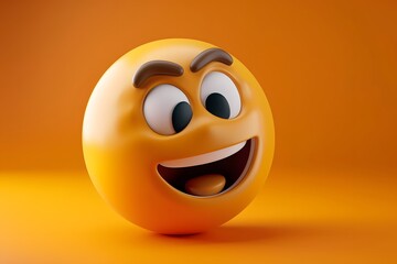 Fototapeta premium Playful 3D emoticon with a wide smile and raised eyebrows against an orange background.