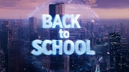 A 3D graphic of the text Back to School overlaid on an image of a city at sunset. - Powered by Adobe