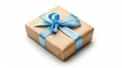 Obraz premium Elegant brown paper gift box with blue ribbon bow for special occasions