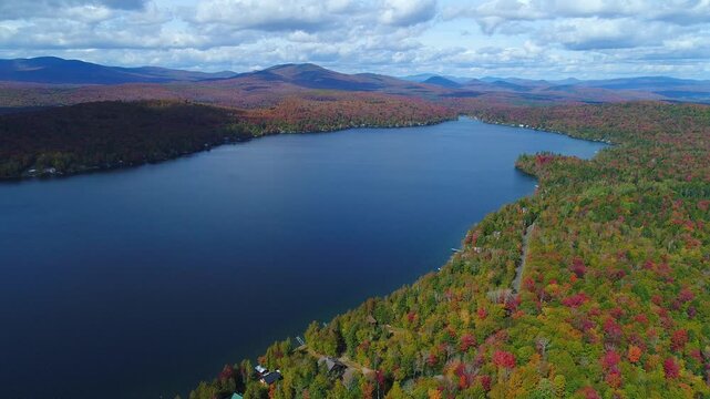 Aerial View of Shoreline Camps and Cottages During Fall Foliage Season - Maidstone, Vermont