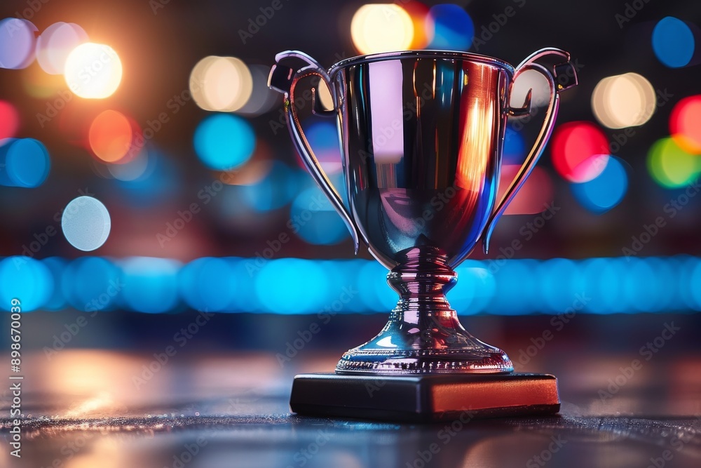 Poster shiny trophy with reflections in colorful bokeh background highlighting achievement and celebration 